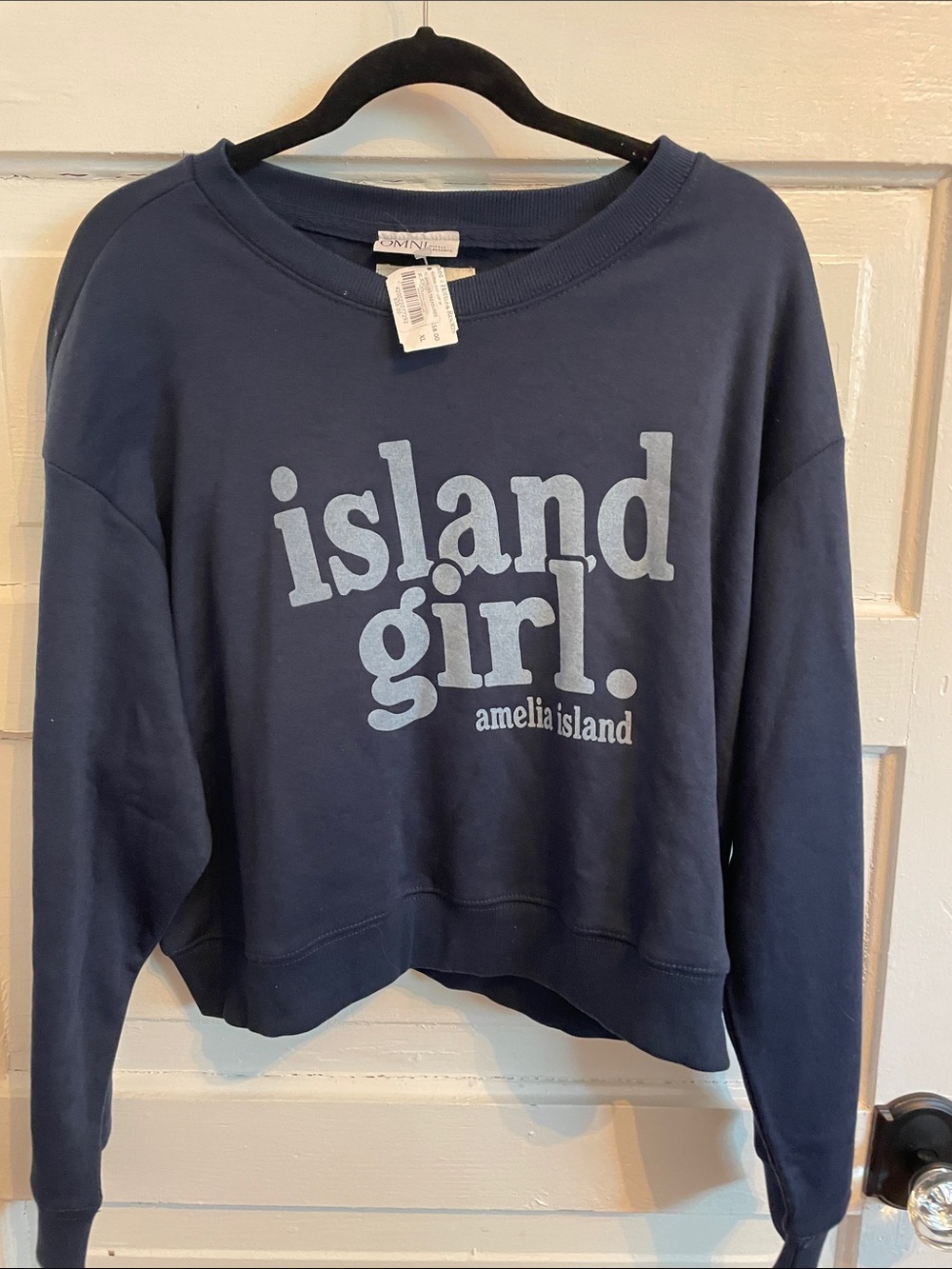 Amelia Island Cropped Blue 84 Navy Sweatshirt with Light Gray lettering.